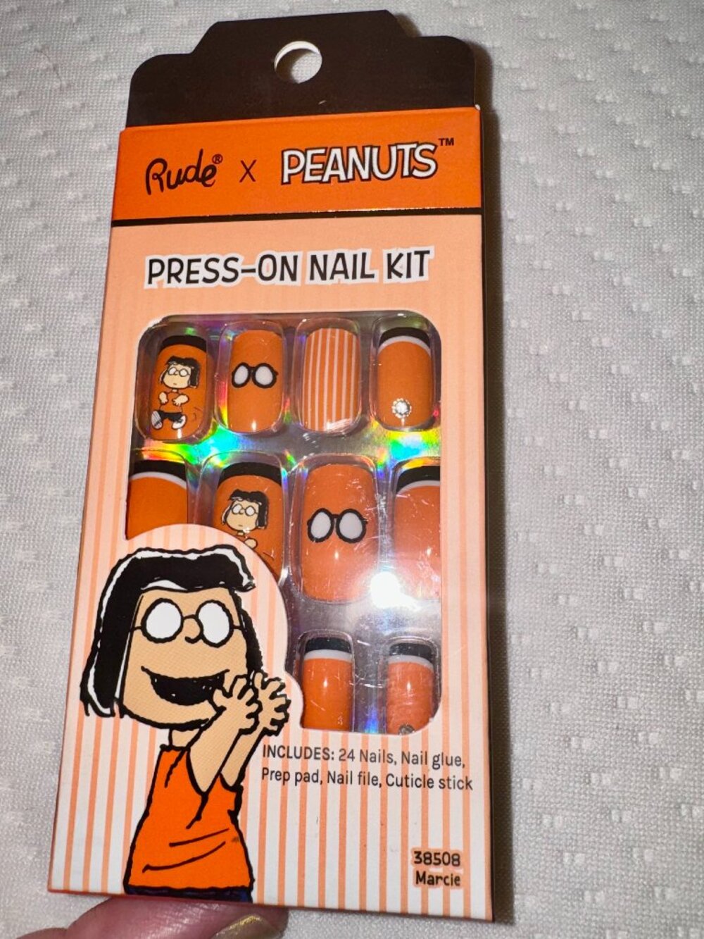 Rude x Peanuts Glossy Press On Nails 24 Kit, Square, Orange Black, Marcie 38508